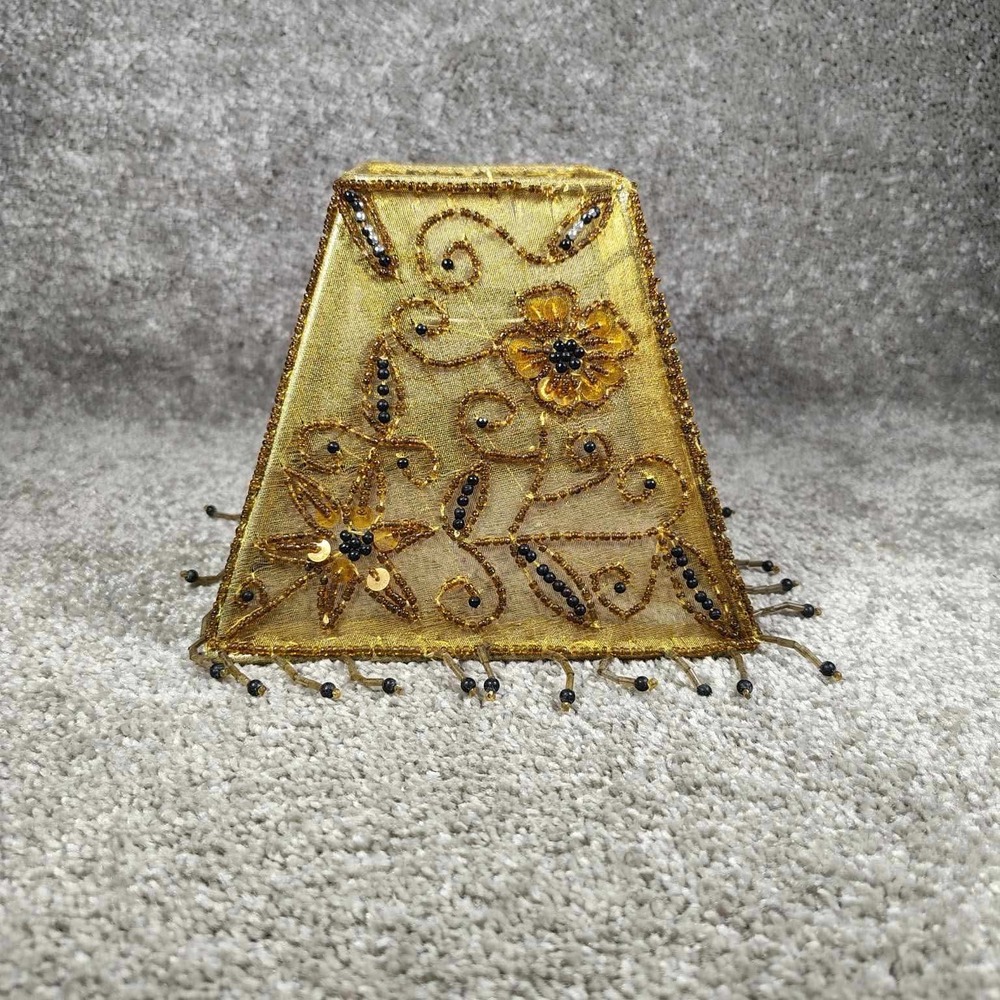 Lamp Shade Gold Beaded Floral Mesh Sequin Fringe Square Tapered Small